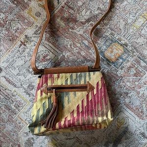 Vintage boho Aztec tapestry wooden edge bag